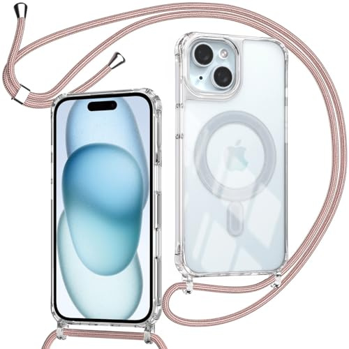 ZYIMOU für iPhone 15 Hülle mit Band Kompatibel mit MagSafe, Transparent Magnetische Handyhülle mit Kordel zum Umhängen Handyband Stossfest Schutzhülle，Kette Rosé Gold
