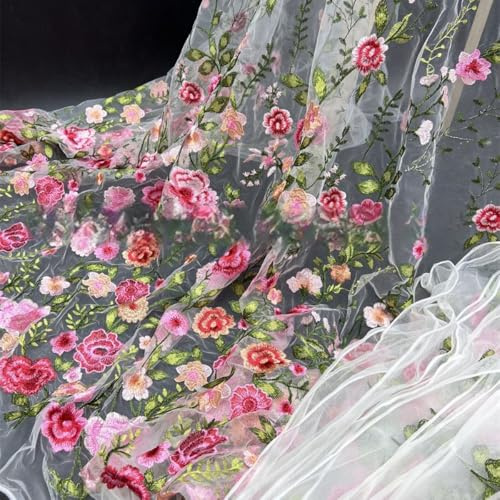 Vayliro 1 Yard Tüllstoff Breit 130 cm Rosen Bestickter Tüllstoff Stickerei Stoff mit Blumenmuster Gestickte Blumenstoff Netzstoff Dekostoff Kleiderstoff Abendkleidstoff für DIY Handwerk,Rot B