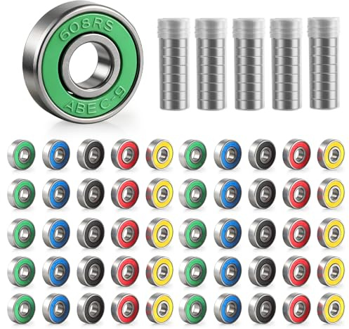 50 Stück Kugellager 608RS Skateboard-Kugellager 9 x 22 x 6mm Double Shielded Miniatur Rillenkugellager Carbonstahl Präzisionslager 608 Kugellager für Skateboards, Rollerblades, Fahrräder (5 Farben)