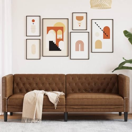 Yisssmeng Chesterfield Dreisitzer Sofa Braun 194x74,5x70,5 cm Mikrofaser Wildlederoptik Robust Bequem Modernes Design for Living Room, Büro, Schlafzimmer