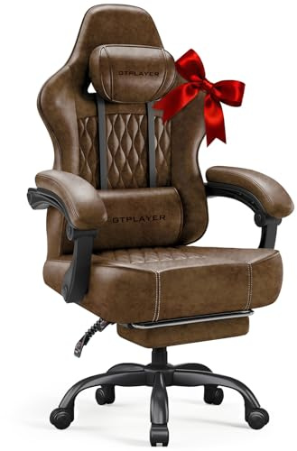 GTPLAYER Chaise Gaming, Ergonomique Fauteuil de Bureau, Siège tournant et réglable en Hauteur à accoudoirs synchronisés, Coussin Lombaire, Coussin pour la Tête et Supporte 150 kg, Cuir, Brun Rétro