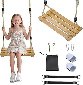 Garden Swing, Waterproof Wooden Swing Seat with Heavy-Duty Jute Rope, Rust-Resistant Hardware, Clamp Fixation System, Sturdy Design, 150kg/330lbs, Trees, Ceilings & Beams, Kids/Adults (Wooden chair)
