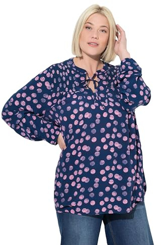 Ulla Popken Damen große Größen Übergrößen Plus Size Smokbluse, Punkte, A-Linie, Tunika-Ausschnitt, Langarm Tintenblau 50+ 844234740-50+