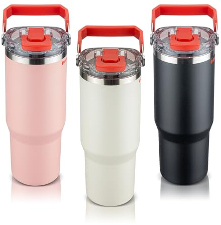 ROTPUNKT Thermobecher Edelstahl 500 ml – mit Strohhalm & Click & Go Trinköffnung, auslaufsicherer Isolierbecher für Kaffee, Tee & Kaltgetränke, BPA-frei, mit klappbarem Tragegriff (white)