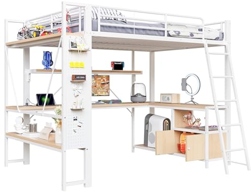 SOFTWEARY Hochbett mit Schreibtisch, LED-Streifen, Wandgitter, Regal, Schrank, Leiter, Steckdose, USB, Type-C, Kinderbett mit Rausfallschutz, Metallbett (weiß, 140x200 cm)