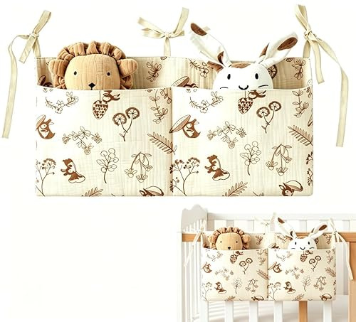 DiiWmme 2-in-1 Organizer Babybett, mit 2 Taschen (Blätter Eichhörnchen) | Aufbewahrungstasche zum Aufhängen für Windeln, Kleidung, Spielzeug – Beige, Kinderzimmer Hängender Bett Organizer