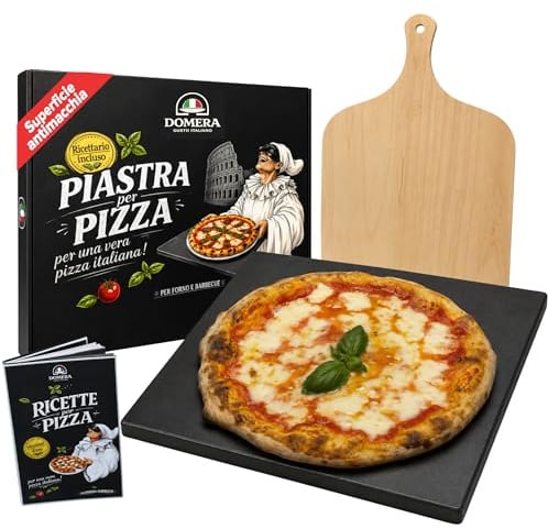 Domera-Pietra Refrattaria per Pizza in Forno e Barbecue in Cordierite+Pala in Betulla -Fino a 900°- Cottura Perfetta per Pizza Pane Focacce - 38x30 cm (Kit antiaderente e antimacchia con pala pizza)