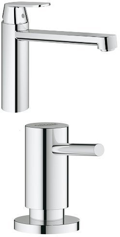 Grohe Eurosmart Cosmopolitan Küchenarmatur, mittelhoher Auslauf, Niederdruck für offene Warmwasserbereiter, 30194000 + Grohe Spülmittelspender