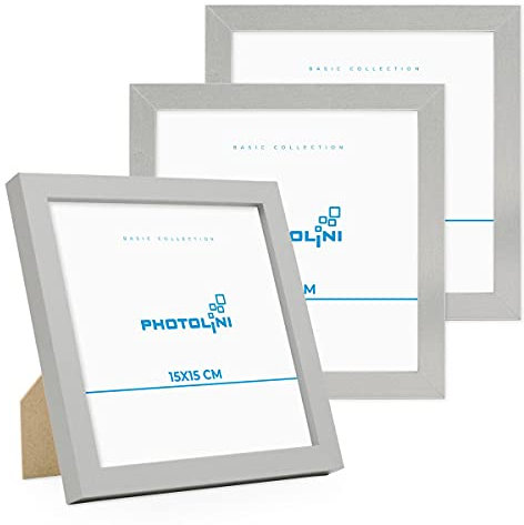 PHOTOLINI Bilderrahmen 15x15 Silber MDF-Holz, 3er Set Poster-Rahmen, bruchsicheres Acrylglas, zum Aufhängen & Aufstellen, extra Zubehör - für Fotos & Poster