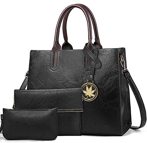 BestoU Damen Handtasche Schwarz Gross Leder Groß Tasche Umhängetasche Schultertasche Shopper Henkeltasche Set (Schwarz)
