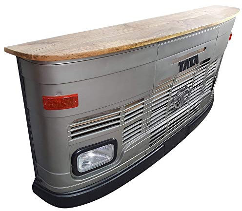 Theke Tata groß in Silber LKW Front - Tresen mit Beleuchtung - Verkaufstheke im Vintage Look für Rezeption oder Empfang - Empfangstresen aus Metall und Holz - Empfangstisch im LKW-Design Bartisch