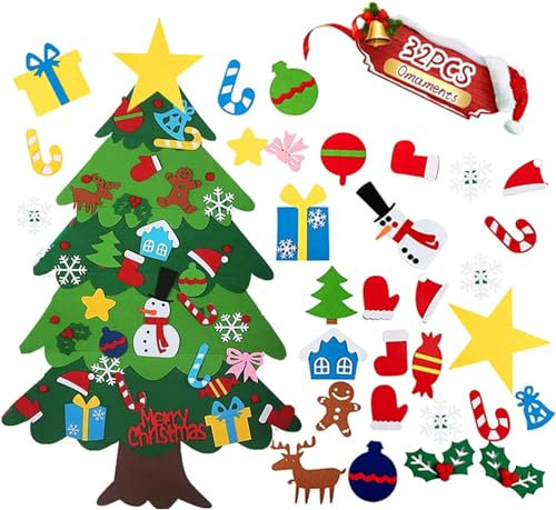 Albero di Natale in Feltro Fai-da-Te con Catema Luminosa 50LED in Rame 32 Pezzi Intercambiabili con Vari Disegni Regalo per Bambini Ideale Decorazione per Parete
