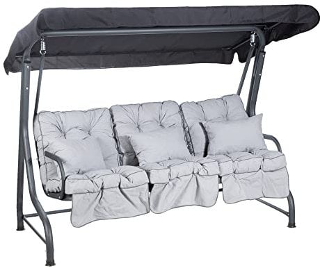 Alfresia Roma 3-Seater Garden Swing Seat - Outdoor Patio Swing Chair with Adjustable Waterproof Canopy and Classic Cushions, Charcoal Canopy and Frame, Grey Classic Cushions