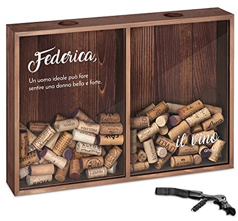 Maverton Raccogli Tappi di Sughero o Birra - con Stampa Personalizzata - con Due Scomparti - cavatappi con Un coltellino - Scatola Porta Tappi - Idee Regalo - Vino