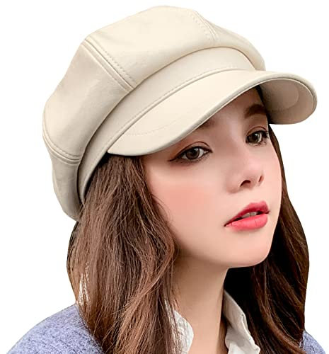 FEOYA Berretto Pelle da Donna Cappello Pelle Ecopelle Cappellino Francese Basco Newsboy Berretti Ottagonale Artista Pittore Cappelli Baker Boy con Visiera Moda Vintage Autunno Printemps Estate Beige