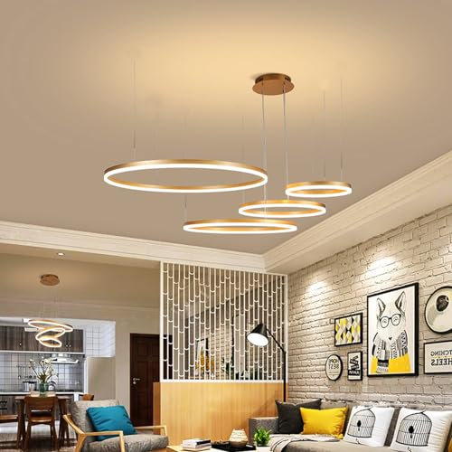 HYQJUNE Modern LED Ring Pendelleuchte Dimmbar Wohnzimmerlamp Aluminium Kronleuchter Mit Fernbedienung Schlafzimmer Hängeleuchte Salon Esszimmer Deckenleuchte Metall Acryl Hängelampe,Gold,40+60+80+100