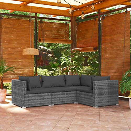 Gecheer 4-TLG. Polyrattan Lounge Set mit Kissen Garten Sofa Rattan Sofa Gartenmöbel Set Garten-Sofagarnitur Sitzgruppe Couch-Set für Garten Terrasse Balkon Grau