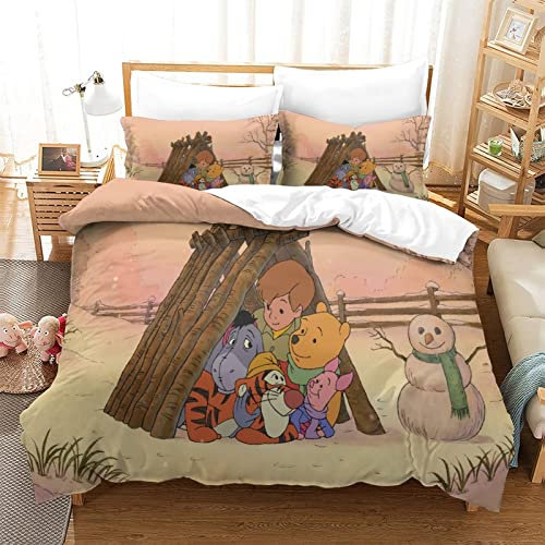3D-gedrucktes Winnie Puuh-Bettbezug-Set, 3-teiliges Set, weiche Mikrofaser mit Reißverschluss, Bettwäsche-Set, Bettbezug für Kinder, Teenager, Erwachsene, Einzelbett (135 x 200 cm).