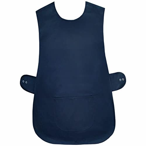 Womens Tabard Apron Ladies Tabards Home Work Kitchen Cleaning Chef Catering Cleaners Workwear Poly Cotton Overall Aprons Large Pocket Tabbard Side Stud Buttons Fastening (Same Piping Edge Navy,XXOS)