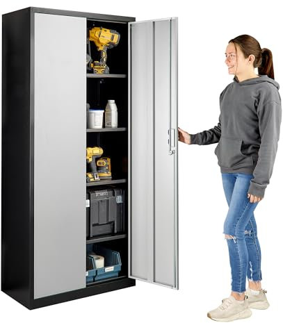 MMT Metal Steel Storage Cabinet for Office, Garage, Home, Black & Silver Storage Cupboard - 2 Door Lockable Filing Cabinet/Tool Storage - Tall Home Organiser - Heavy Duty with 4 Shelves