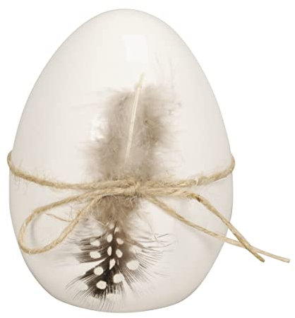 ETC dekoratives frühlingshaftes Dekoei Osterei Keramik weiß mit Sisalband und Gepunkteter Feder (1)