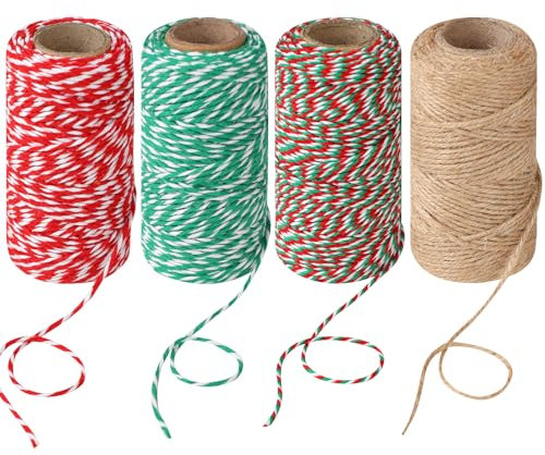 4 Rolls Natural Jute Twine, Red, Green & White - 70m/Roll