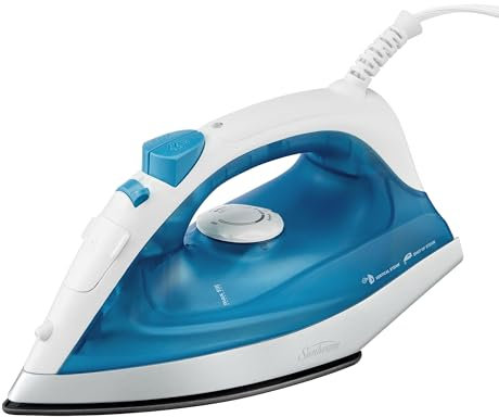 Sunbeam Compact Steam Iron, 1200 Watts, Non-Stick Soleplate, Powerful Shot of Steam, Horizontal or Vertical, Spray Mist, Precision Tip, White/Blue