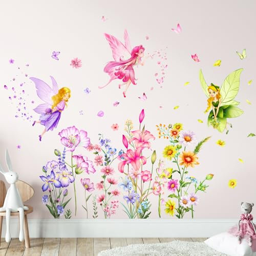 Tanlaby Flor Hada Vinilo Pared, Floral Mariposa Elfos Pegatinas de Pared Ambiente Rosado Autoadhesivo Removible Vinilos Decorativos para Dormitorio de Niña Guardería Decoracion Pared