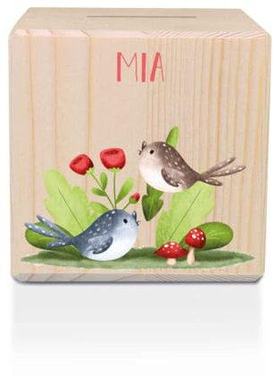 GRAVURZEILE Spardose aus Holz - Waldtiere - mit Namen personalisiert - Personalisierte Geschenke für Mädchen & Jungen zum Geburtstag Kommunion Einschulung - Geschenk für Kinder - Vogel