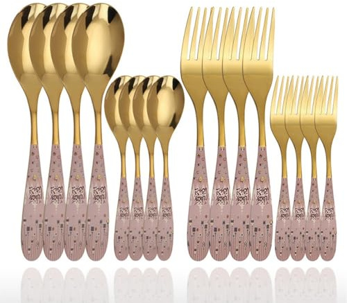 Royal Shang Youpin Posate Da Cucina in Acciaio Inossidabile Posate Da Tavola Set Di Posate Forchetta Cucchiaio Cucchiaino, Maniglia Con Motivi Creativi (Rosa,16 pezzi)