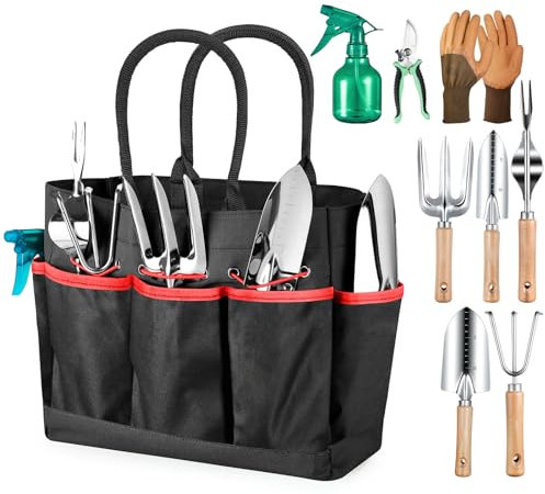 Grenebo Gartenwerkzeuge, 9-teilig, robuste Gartenwerkzeuge, modische und langlebige Gartengeräte, Organizer, Handtasche, rostfreies Gartenwerkzeug-Set, ideales Gartengeschenk für Frauen, Schwarz / Rot