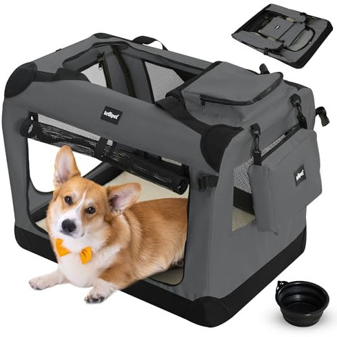 Leopet® Hundebox - Faltbar, Große/Kleine Hunde, Stoff, mit Napf, für Zuhause, Auto - Transportbox, Transporttasche, Tragetasche, Hunde, Katzen, Haustier (Anthrazit, M: 60x42x42 cm - LxBxH)