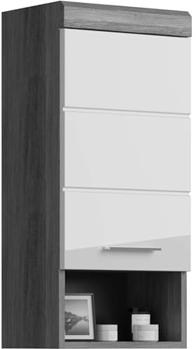 furnling Hängeschrank Scott, weiße Hochglanzfront, 1 offenes Fach, 1 Tür, 2 Fächer, Badschrank mit verstellbarem Einlegeboden, Breite 37 cm, Korpus Rauchsilber
