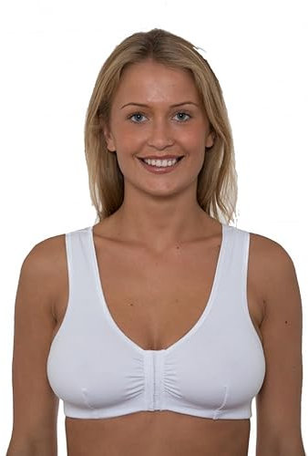 Liv Lingerie GEMM Front Fastening Cotton Rich Mastectomy Bra with Pockets for Ladies Women Non Wired Post Surgery Soft Stretch Regular to Plus Sizes Easy Open Comfort Wirefree (40, White)