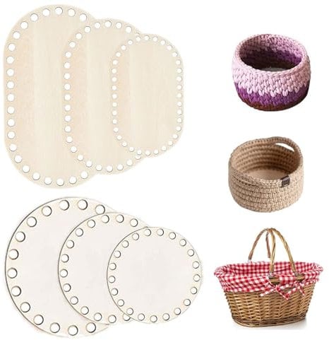 Zasjon 6 Pieces Korbboden Holz 6 Größen Naturholzkorbboden Oval Korbboden Rund Korbboden zum Häkeln, Häkelkorb Holzbasis für DIY Korbflechten Handtasche Korb Webbedarf, Lochdurchmesser 6mm