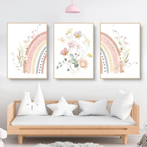 champracer 3er Set Poster für Kinderzimmer Boho Deko Bilder - Rosa Blume Sonne Regenbogen Bilde Wanddeko, Ohne Rahmen Boho Wandposter (50 x 70 cm,B)