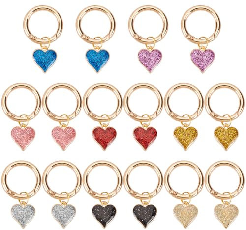 WEBEEDY 16 PCS Heart Boot Charms 8 Colours Glitter Heart Charms Pendant for Shoe Gold Shoelace Charms with Spring Gate Rings Charms Accessories for Women Sneaker Boots Sandal Casual Shoes