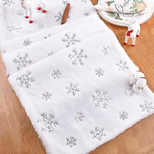 BrillShine Weihnachten Tischläufer - Weiß Schneeflocke Faux Fur Modern Deko (35x120cm)