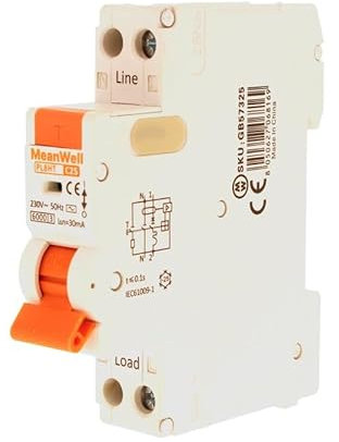 MeanWell Interruttore Magnetotermico Differenziale Slim Da 1 Modulo DIN, RCBO 1P+N C25 25A, Tipo AC Curva C 30mA 6000A, 2 Poli 1M 220V