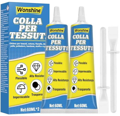 60 ML 2 Pack Colla Per Tessuti, Trasparente Colla Tessuti, Colla per Tessuti Resistente ai Lavaggi, Colla Per Tessuti, Vestiti, Pelle, Cotone, Flanella, Denim, Poliestere, Riparazione Bambole