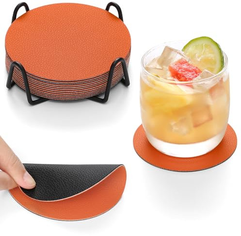 Chitomars Untersetzer Gläser 12er Set, Doppelseitigen Untersetzer Gläser Glasuntersetzer Getränkeuntersetzer rutschfest Untersetzer Leder Kunstleder Lederoptik Untersetzer (Schwarz Orange, Rund)