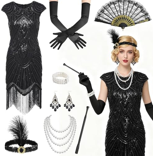 ZeiLaBang Kakadi 20er Jahre Kostüm Damen,Charleston Kleid 20er Jahre,Gatsby Kleid Damen für Faschingskostüme Casino Outfit Karneval Retro Party Cosplay Cocktailkleid Party