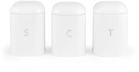 Salter Boston 3-Piece Canister Set – Tea, Coffee, Sugar Tins, Embossed Lettering, Durable Steel, Long-Lasting Freshness, Stylish Kitchen Food Storage Tins, Easy-Open Lids, Ice White Shimmer Finish