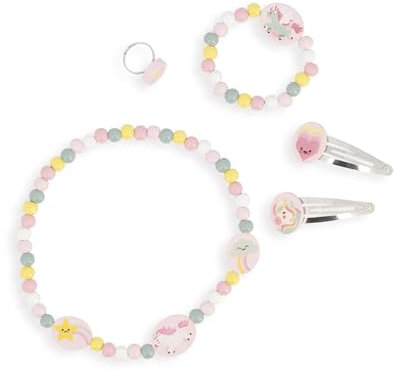 Janod - 5-teiliges Schmuckset aus Holz Einhörner - 1 Halskette, 1 Armband, 1 Ring und 2 Haarspangen - Schmuck aus Holz und FSC-Metall - Modeaccessoire - Ab 3 Jahre - J08880