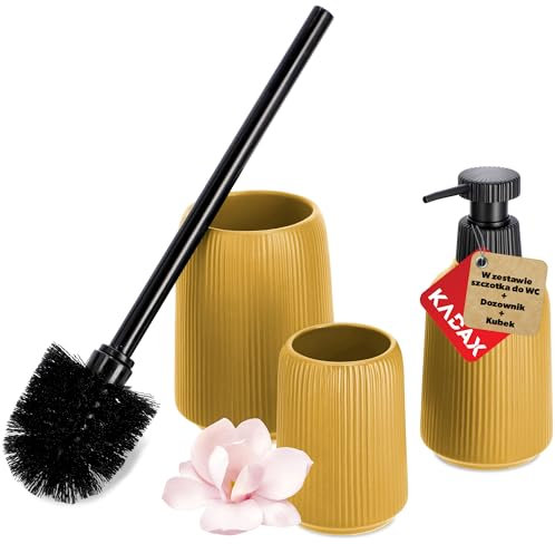 KADAX Badezimmer Zubehör Set, Modernes Badzubehör, Badaccessoires aus Keramik, Bad Accessoires (Gelb: Zahnbürstenhalter, Seifenspender, WC-Bürste)