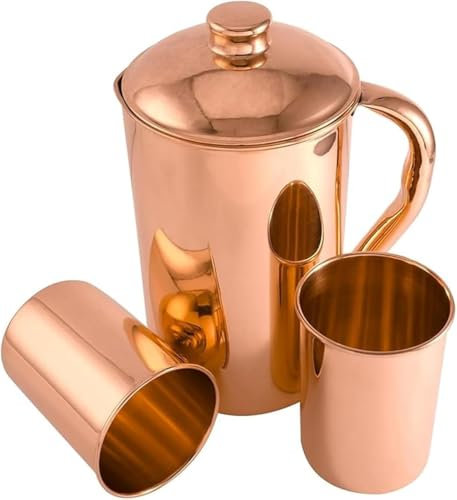 Copper Pitcher and Set of 2 Tumblers for Ayurveda Health Benefit | Pure Copper Hammered Water Jug with 2 Plain Copper Tumbler