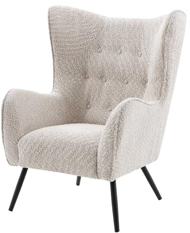 Riess Ambiente XL Sessel Amsterdam - Greige schwarz - Bouclé Teddystoff Retro Ohrensessel Zierknöpfe Polsterung Metall Lesesessel Polstersessel