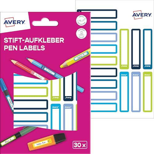 AVERY Zweckform RESMI30G Namensaufkleber Stifte Kinder 30 Stück (50x10mm, Papier, selbstklebende Stiftaufkleber, beschriftbare Stiftetiketten, Mini Namensetiketten für Schule, Kindergarten) blau, grün