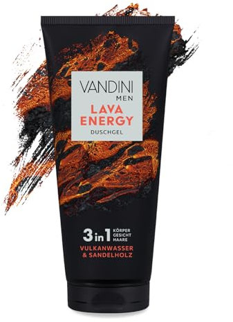 VANDINI MEN LAVA ENERGY 3in1 Duschgel für Männer 200 ml mit Vulkanwasser & Sandelholz - 3in1 Herren Duschgel für alle Hauttypen - vegan, ohne Parabene & Silikone, Made in Germany