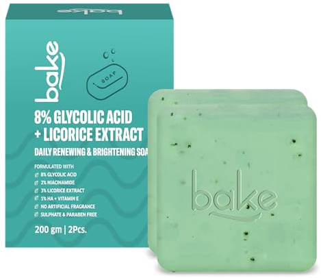 BAKE 8% Glycolic Acid Scrub Treatment Soap (200 Gms Pack Of 2) With 3% Niacinamide | For Pigmentation, Exfoliation, Tan Removal, Brightens Underarms | For Women & Men | 100G X 2 (Pack Of 2)